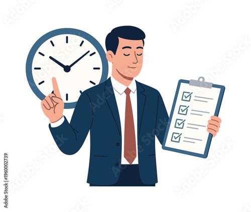 A time management and deadline organization scene showing a composed professional prioritizing tasks beside a large clock and a neatly arranged checklist sheet, symbolizing