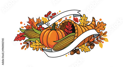 Autumn Cornucopia Vector Illustration with Pumpkin, Corn, Leaves and Ribbon