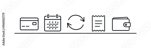Subscription management and recurring payment control for organizing services and maintaining financial awareness, credit card, calendar page, refresh arrows, receipt, and wallet