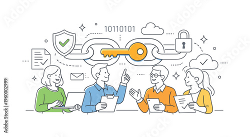 A digital security context where organizations implement blockchain signing processes to ensure authenticity and integrity of shared information, illustrated by a small group