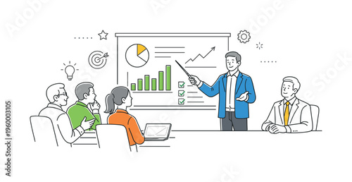A business leadership context where teams communicate key metrics and plans to decision-makers during a structured board presentation session, represented by a small group engaging