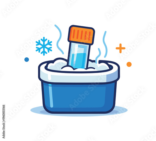 Cryogenic sample handling in biomedical laboratories during ultra low temperature preservation procedures, a single sealed vial partially immersed in a compact container with