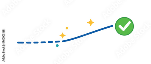 Consistency versus inconsistency in building habits and achieving results over time, a dashed line gradually becoming solid with a checkmark at the end representing improved