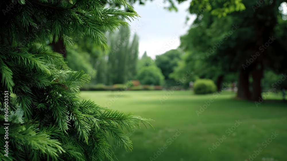 Naklejka premium Lush green pine branches frame a tranquil park scene with a soft blurred lawn and distant trees