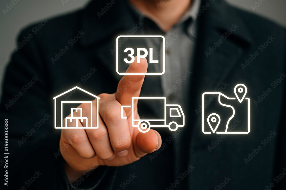 Obraz premium A businessman interacting with 3PL logistics icons on his finger