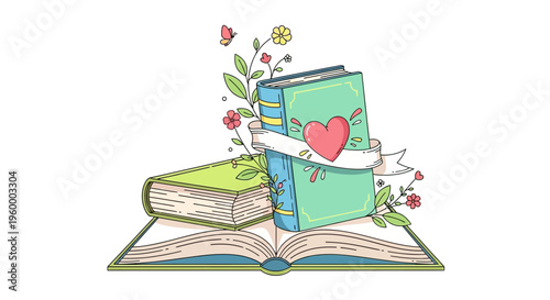 Decorative Book Stack with Floral Details Colorful Open Book Vector Illustration
