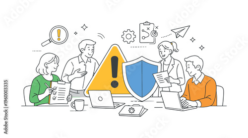 A risk assessment and business continuity planning scene showing a corporate team identifying potential issues and preparing responses together around a large warning triangle and