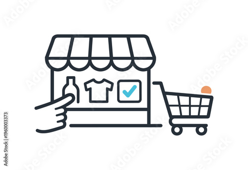 Simple modern shopping and selecting desired products through accessible everyday consumer interaction, a clean storefront icon combined with a small shopping cart symbolizing