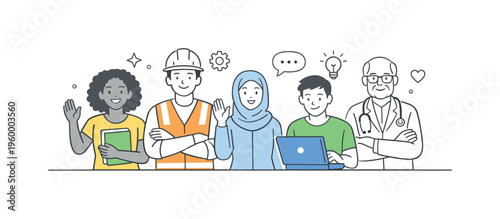 A group of people representing different backgrounds and professions aligned in a clean visual arrangement for corporate or social representation, illustrated by a simple row of