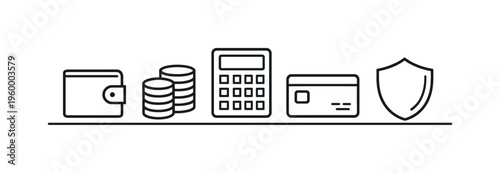 Personal finance planning and secure money management for stable household budgeting and smart savings decisions, wallet, coin stack, calculator, bank card, and shield, financial