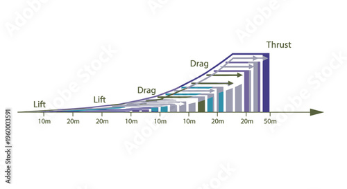 Aircraft Forces Diagram Showing Thrust, Lift, and Drag Over Distance