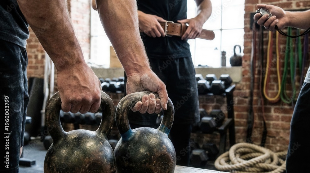 Obraz premium Men prepare for weightlifting session in gym with kettlebells and equipment at training facility