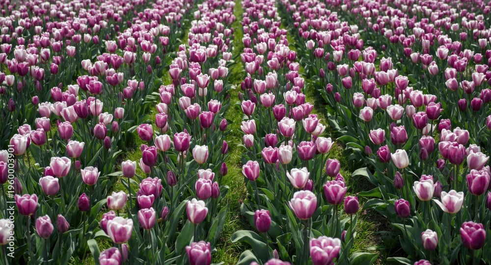Fototapeta premium Full view of blooming tulip field with purple and white flowers on fresh green lawn
