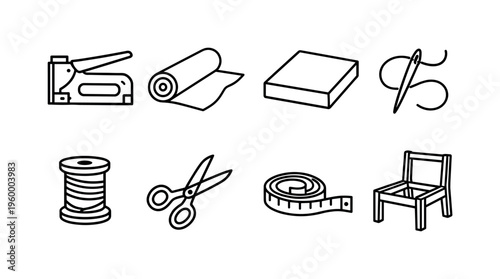 Upholstery workshop tools: staple gun, fabric roll, foam cushion, sewing needle, thread spool, scissors, measuring tape, wooden frame chair
