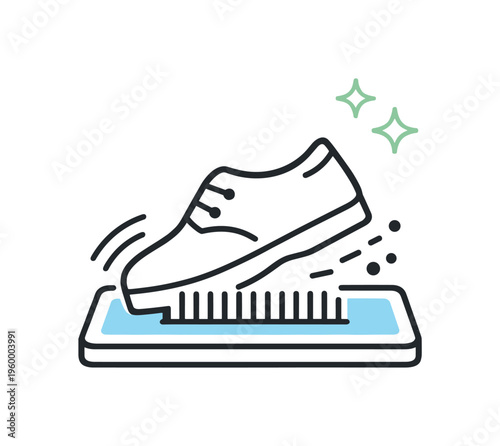 Maintaining doormat cleanliness to reduce dirt transfer into indoor areas focusing on simple preventative habits, a small mat with a shoe brushing off minimal particles expressing