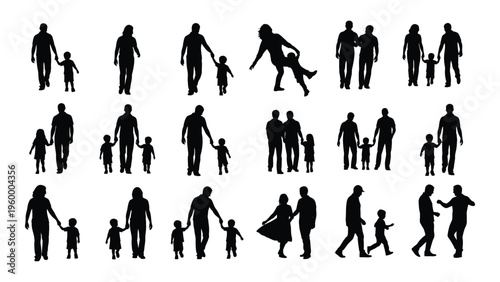 A collection of black silhouettes of people in various poses and interactions