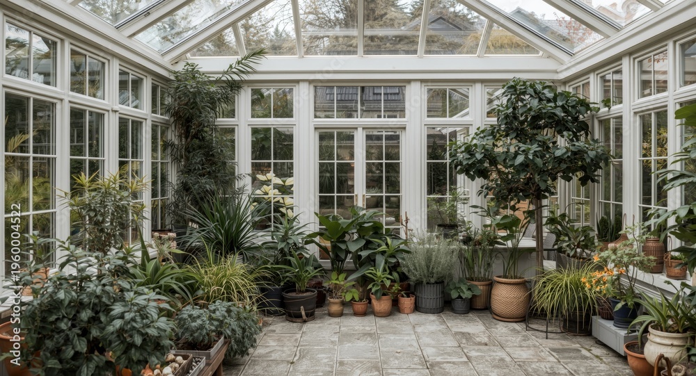 Naklejka premium Old house orangery revamped with Scandinavian winter indoor garden and varied houseplants