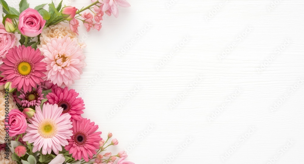 Fototapeta premium Fresh flowers arrangement over soft white grain background with copy space
