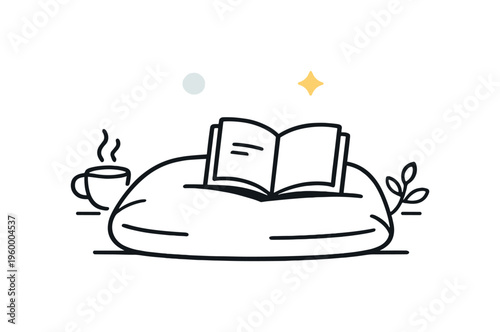 Quiet leisure enjoyment and spending calm comforting moments during personal free time at home, a minimal floor cushion combined with a small book icon symbolizing relaxation, slow