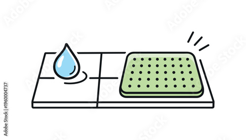 Reducing slipperiness of bathroom floor surfaces after water exposure emphasizing safety and daily awareness, a simple floor tile with a small water droplet and a textured mat