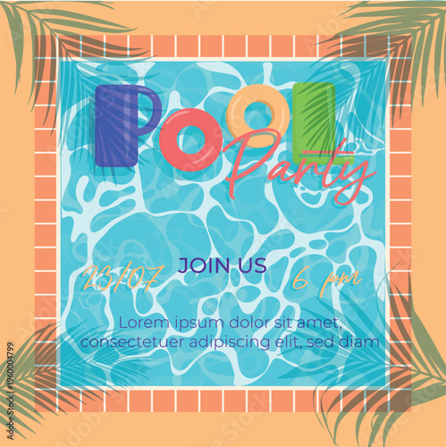 Pool Party Flyer with Swimming Pool Water Texture and Tropical Leaves