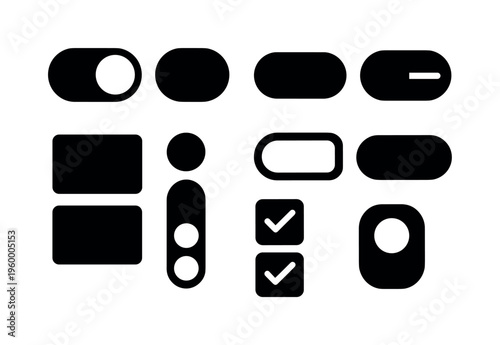 UI toggle variations: toggle on, toggle off, switch left, switch right, segmented control, radio group, checkbox group, option selector