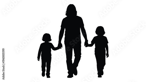 A woman walks with two small children