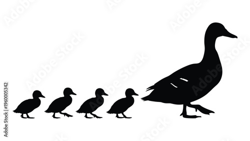 A mother duck and her ducklings walking in a line