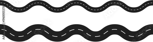 Winding road vector elements, curved asphalt highway with dashed white lines, set of two wavy street paths for map design and navigation infographics