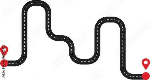 Winding road map with red location pins, asphalt highway path with dashed lines, journey navigation route vector on white background