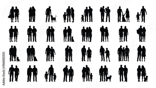 A collection of silhouettes of people in various poses and interactions