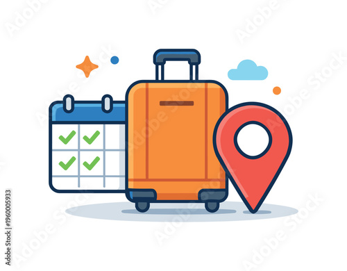 Trip organization and travel planning process focused on arranging destinations, schedules, and bookings for a smooth journey experience, a simple suitcase combined with a calendar