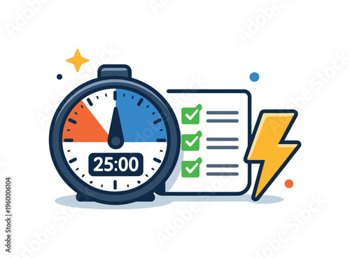 Focus timer and productivity technique centered on working in short structured intervals to improve concentration and output, a timer combined with a checklist and a small