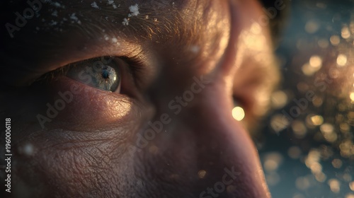 A man frozen in realization immediately after denying, eyes widening subtly, open courtyard with distant silhouettes, soft golden light beginning to emerge, medium close-up with a 70mm lens, spiritual
