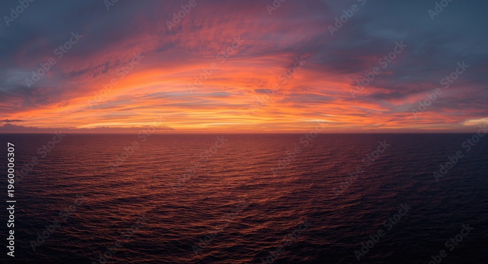Obraz premium Panoramic bird eye scene showing vibrant sunset hues above peaceful seas