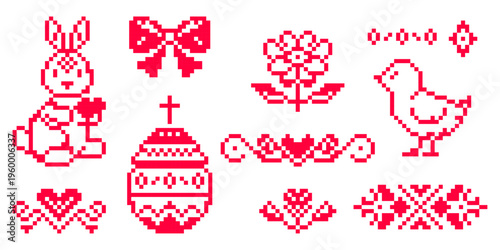 Easter pixel art icons set. Folk cross stitch style bunny, easter egg, flower, bird, red ribbon bow and ornament borders isolated Vector Illustration.