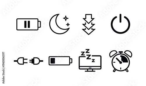 Power saving state: battery with pause symbol, night moon, energy reduction arrows, standby indicator, plug disconnected, low energy gauge, device sleeping, timer clock