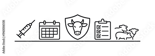 Veterinary vaccination booster scheduling and herd immunity tracking for maintaining protection levels and disease control in livestock populations, syringe, calendar page, shield