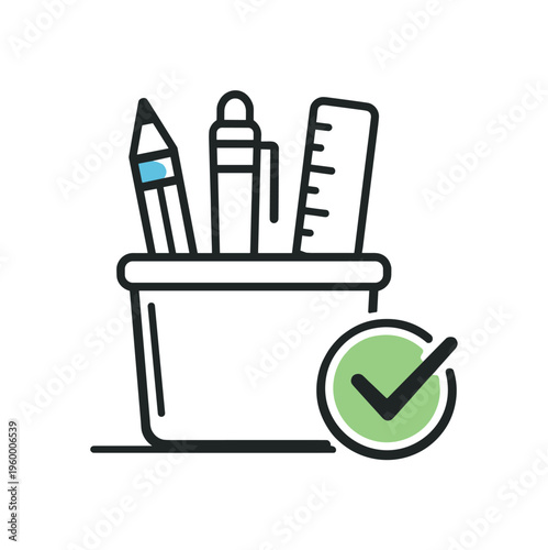 Office workflow support and arranging essential tools to maintain efficient task execution during the workday, a simple pen holder combined with a small checkmark icon symbolizing