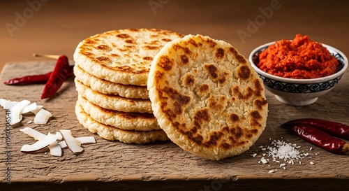 Pol Roti Stack with Sambal, Sri Lankan Cuisine on Wooden Surface