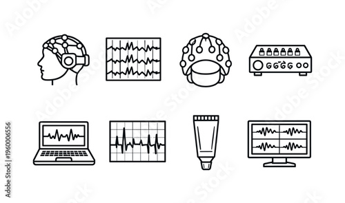 Electroencephalography monitoring: eeg headset, brain wave graph, electrode cap, signal amplifier, recording computer, neural spikes chart, conductive gel tube, monitoring screen