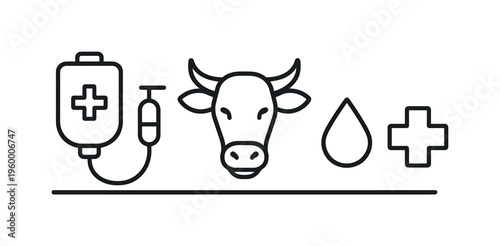 Veterinary electrolyte therapy and rehydration management for livestock recovery and metabolic balance in farm animal care, electrolyte bottle, IV drip, cow head, water droplet