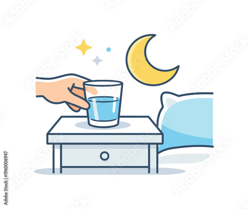Setting a glass of water on a bedside table before sleep as part of an evening routine focused on comfort and small preparations for rest, a glass placed on a small table with a