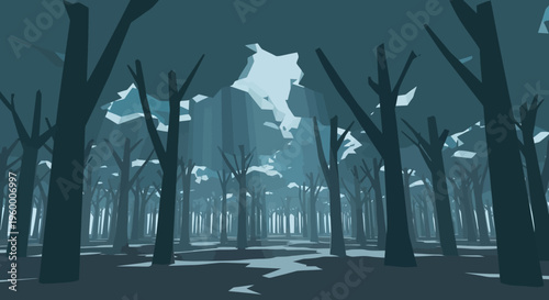 Dark Forest with Bare Trees and Moonlight.