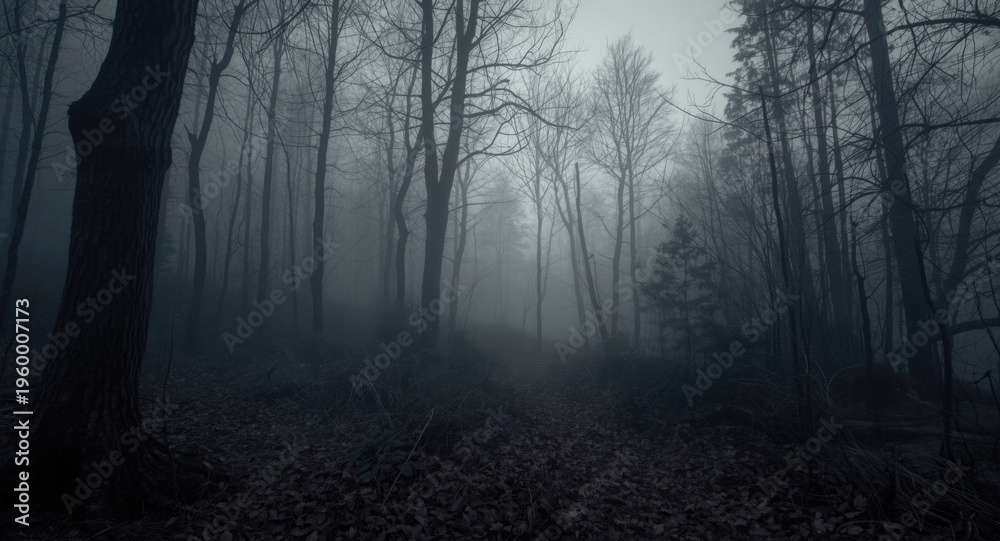 Fototapeta premium Evening woodland shrouded in fog with monochrome visual style