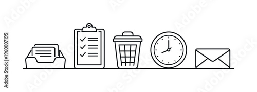 Inbox zero method and email cleanup routine for reducing clutter and maintaining clear communication flow in daily work, inbox tray, checklist sheet, trash bin, clock, and envelope