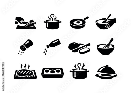 Food preparation process: chopping vegetables, boiling water pot, frying egg, stirring bowl, seasoning with salt shaker, pouring oil bottle, slicing bread, mixing ingredients