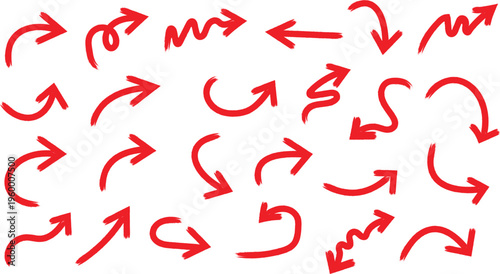 Collection of expressive hand-drawn Red arrows with rough brush strokes vector set. Grunge arrow brush drawn scroll illustration sign collection arrow checkbox, checklist, tick and cross signs