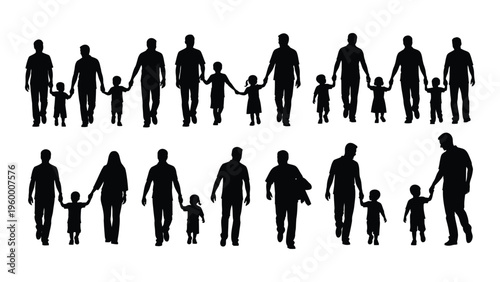 A group of adults and children in various walking poses