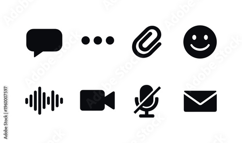 Online messaging features: chat bubble, typing dots, attachment clip, emoji smile, voice message waveform, video call camera, mute microphone, message inbox